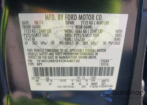 2012 Ford Escape Limited z USA, uszkodzony, nr VIN 1FMCU9EG1CKA40720